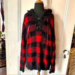 Rock & Republic Red/Black Plaid Check Hooded Sweater